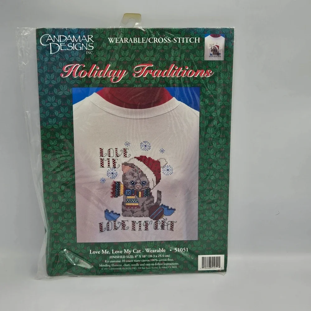 VTG Candamar Designs Love Me Love My Cat Wearable Cross Stitch Kit 51051 1997